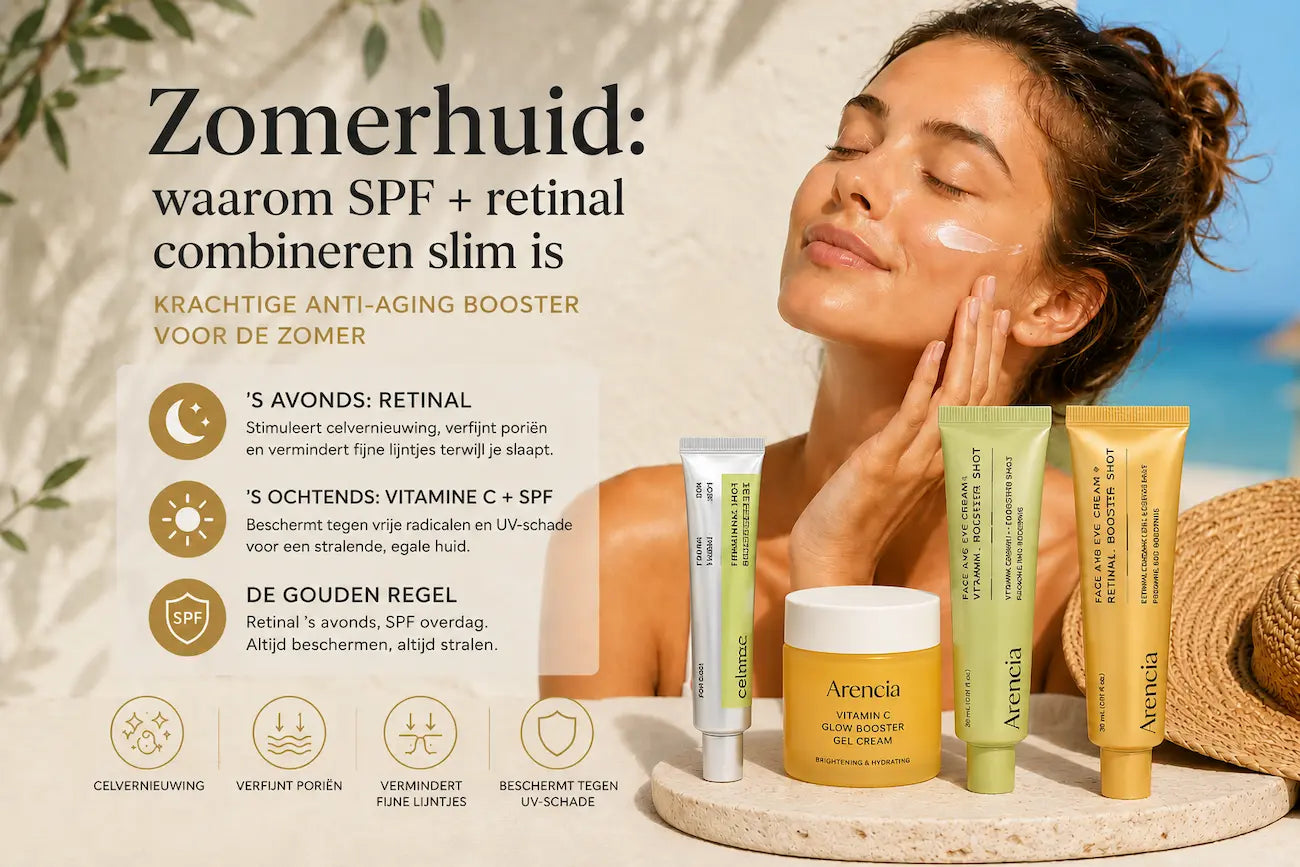 Vrouw met stralende zomerhuid naast Arencia Vitamin C en Retinal producten – SPF en retinal combineren voor anti-aging zomerverzorging