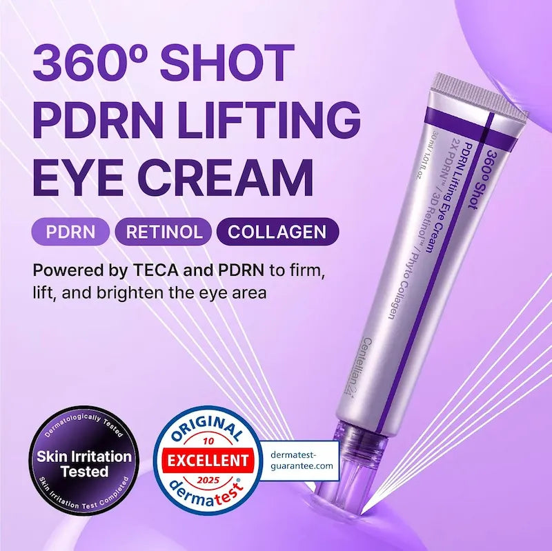 Centellian24 360º Shot PDRN Lifting Eye Cream met PDRN, retinol en collagen op een paarse achtergrond.