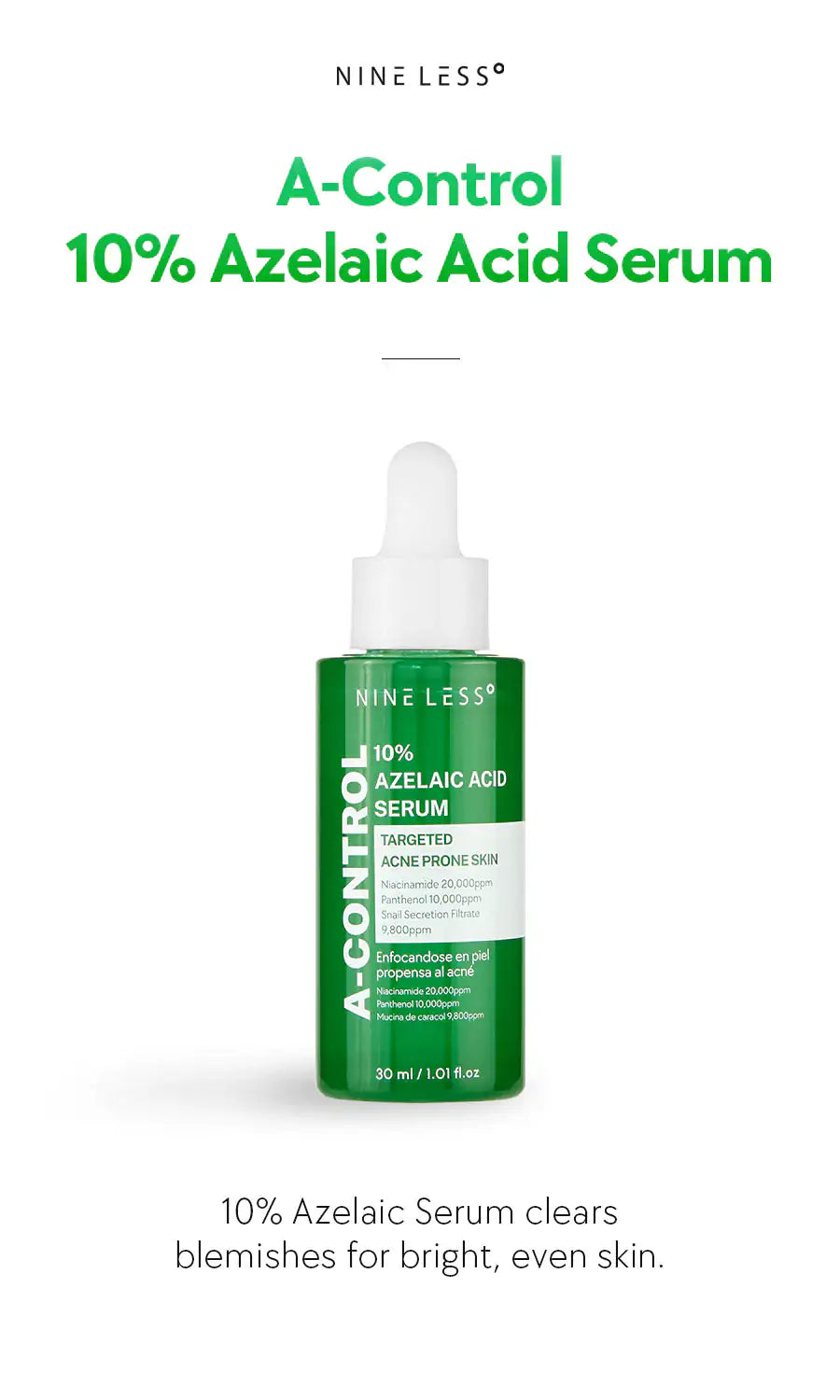 Azelaïnezuurserum met witte druppelaar, groene fles van Nine Less, 30 ml