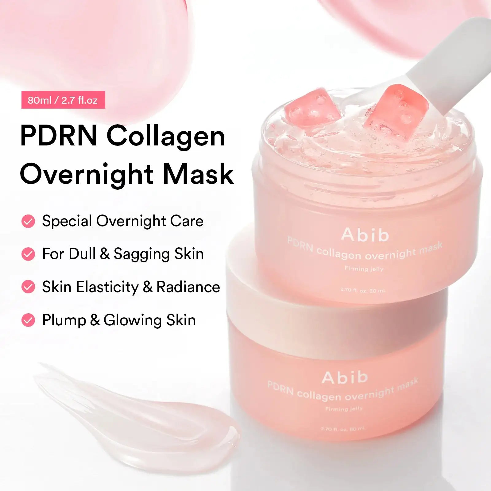Abib PDRN collagen overnight mask Firming jelly Abib PDRN collageen overnight mask in roze pot met schepje en roze gel