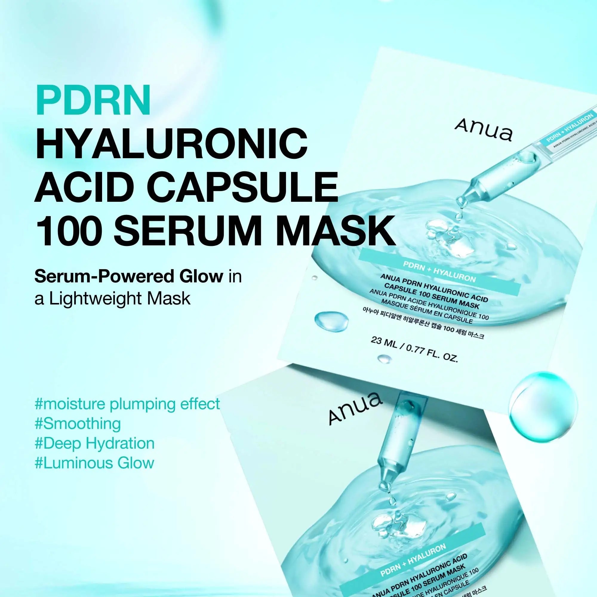 Anua PDRN Hyaluronic Acid Capsule 100 Serum Mask Anua hyaluronzuur serum-masker set met twee maskers en doseertube.