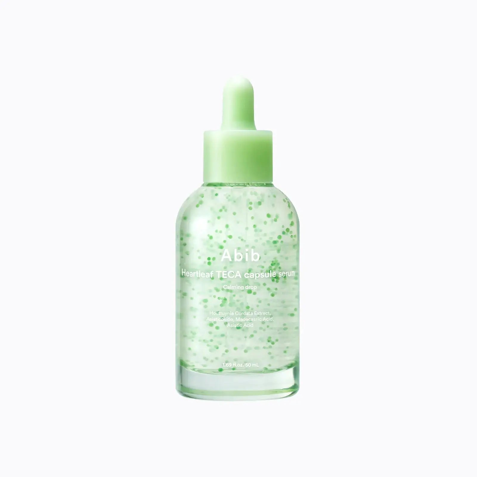 Abib Heartleaf Teca Capsule Serum Calming Drop Abib Heartleaf TECA capsule serum flesje met groene pipetdop en spikkelgelabelde inhoud