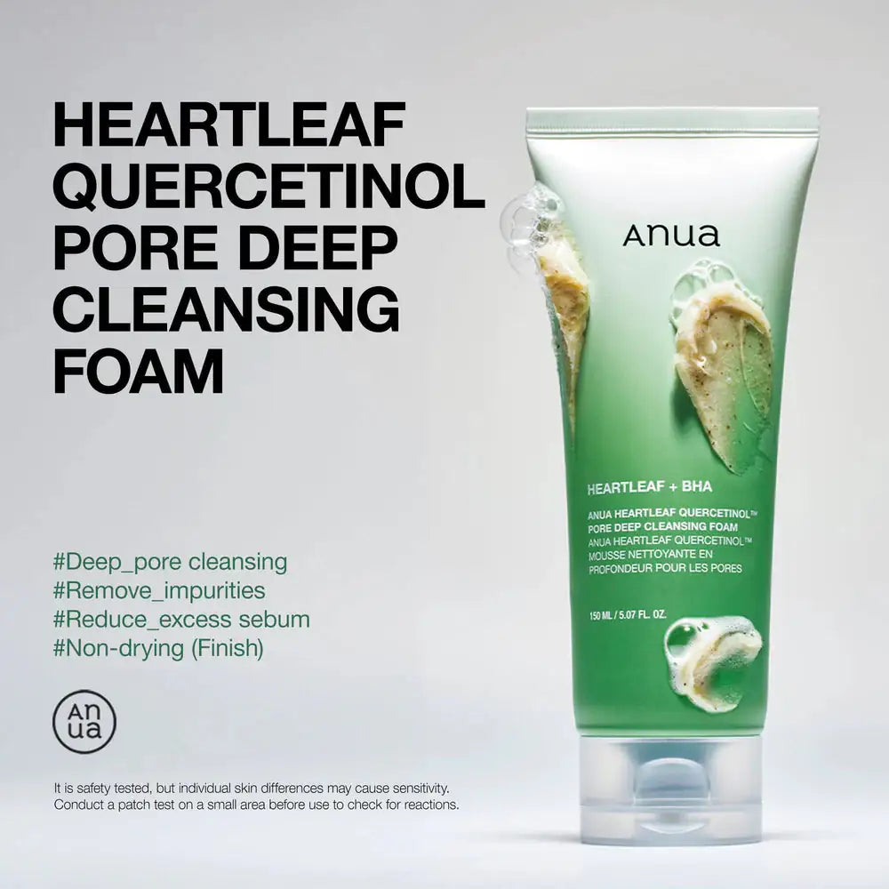 Anua Heartleaf Quercetinol Pore Deep Cleansing Foam Anua Hartleaf-Quercetinol schuimreiniger tube staand met groen label