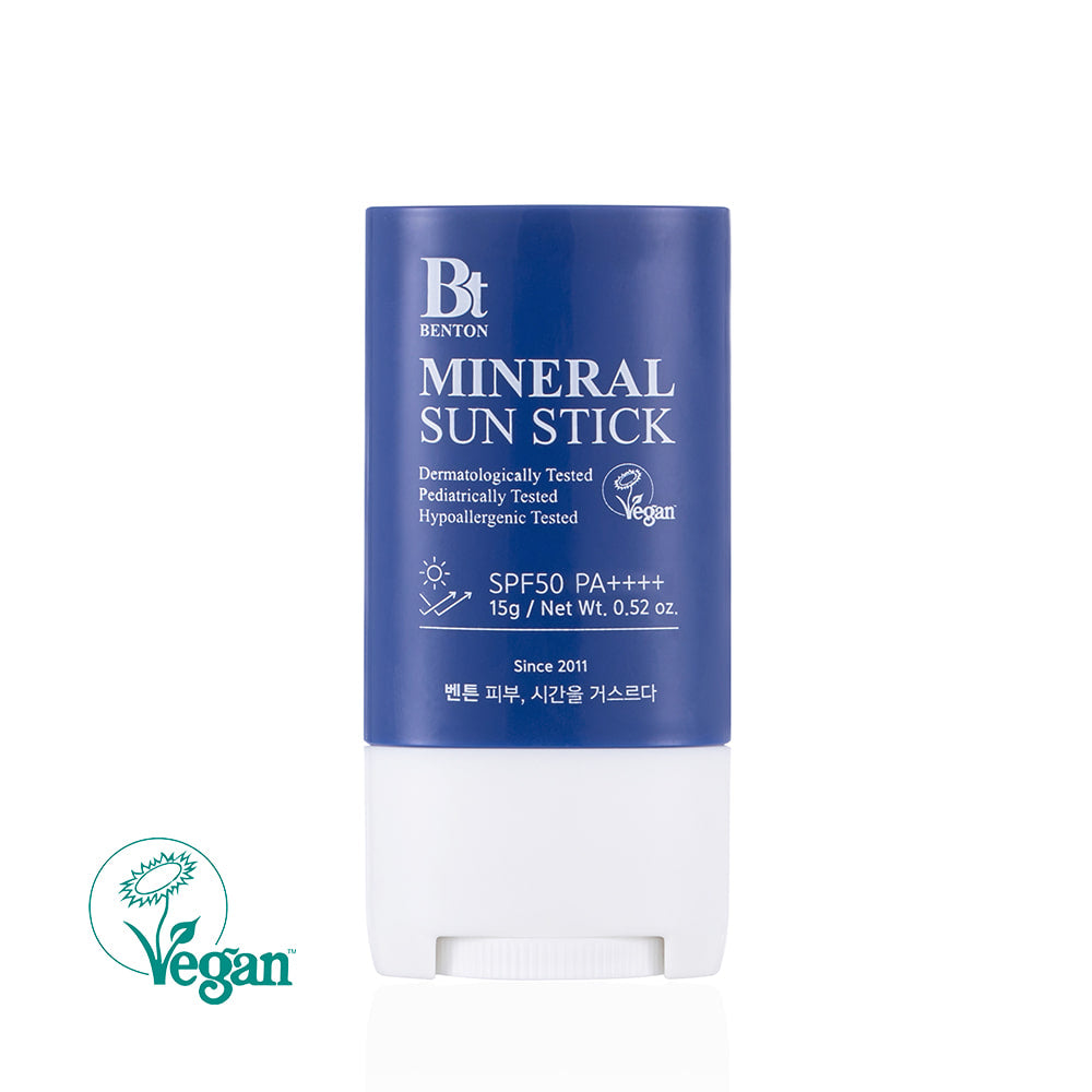 BENTON Mineral Sun Stick SPF50 PA++++ – product zonder verpakking, met Vegan-logo links onderin op een witte achtergrond