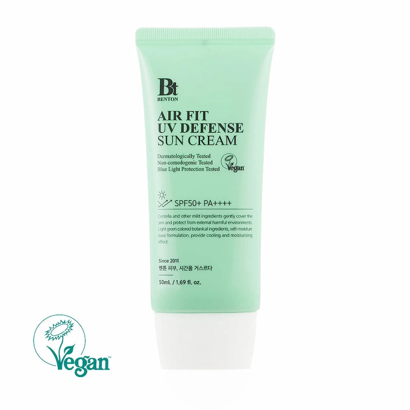 Benton Air Fit UV Defense Sun Cream SPF50+ PA++++ tube in mintgroen op witte achtergrond, vegan gecertificeerd, 50ml