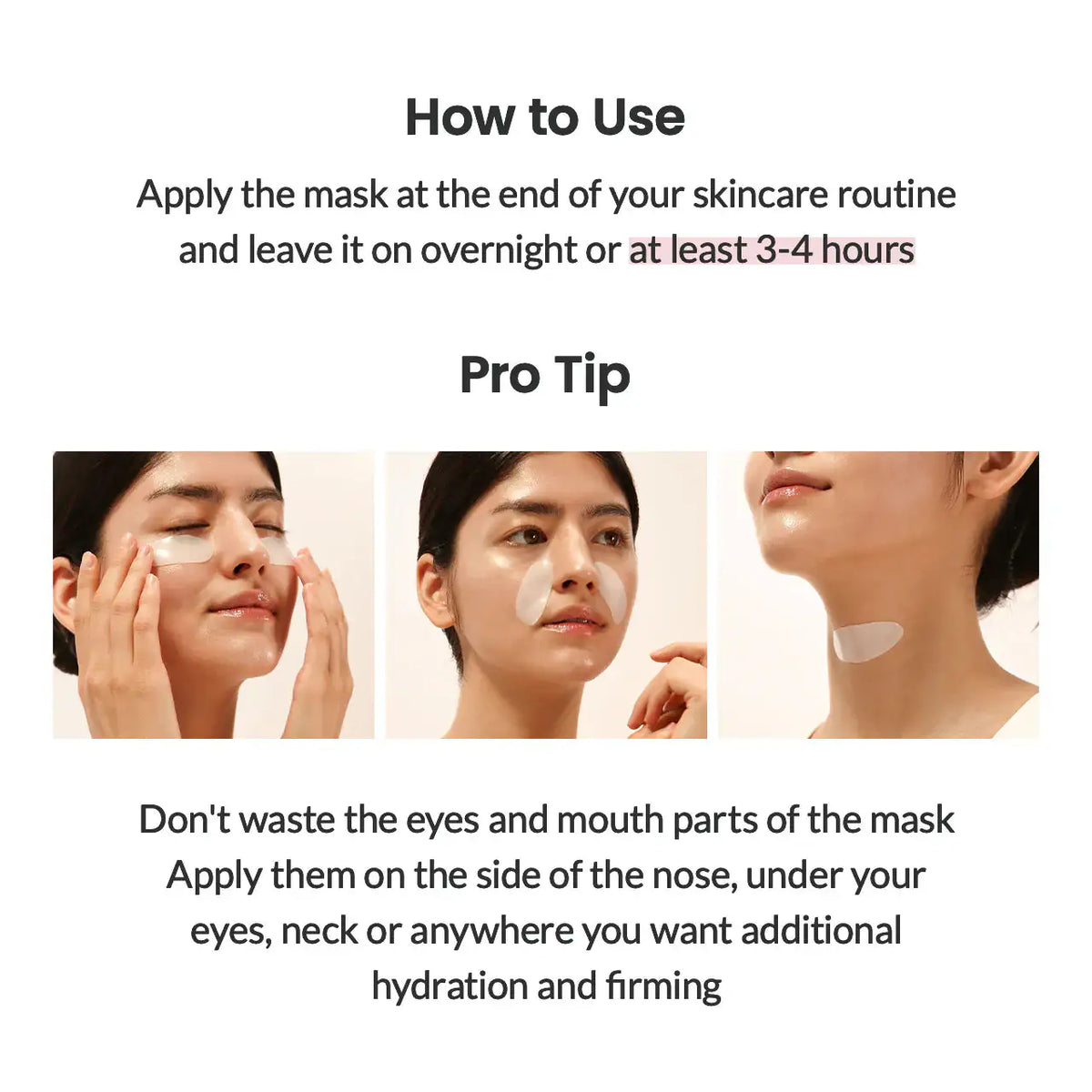 Gebruiksinstructies: sheetmasker aanbrengen en 3-4 uur of ’s nachts laten zitten