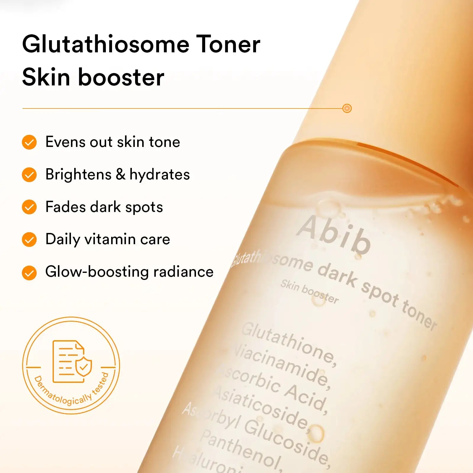 Abib Glutathiosome Dark Spot Toner Skin Booster Glutathiosome donkere-vlekken toner skin booster flesje schuin, Abib-label zichtbaar