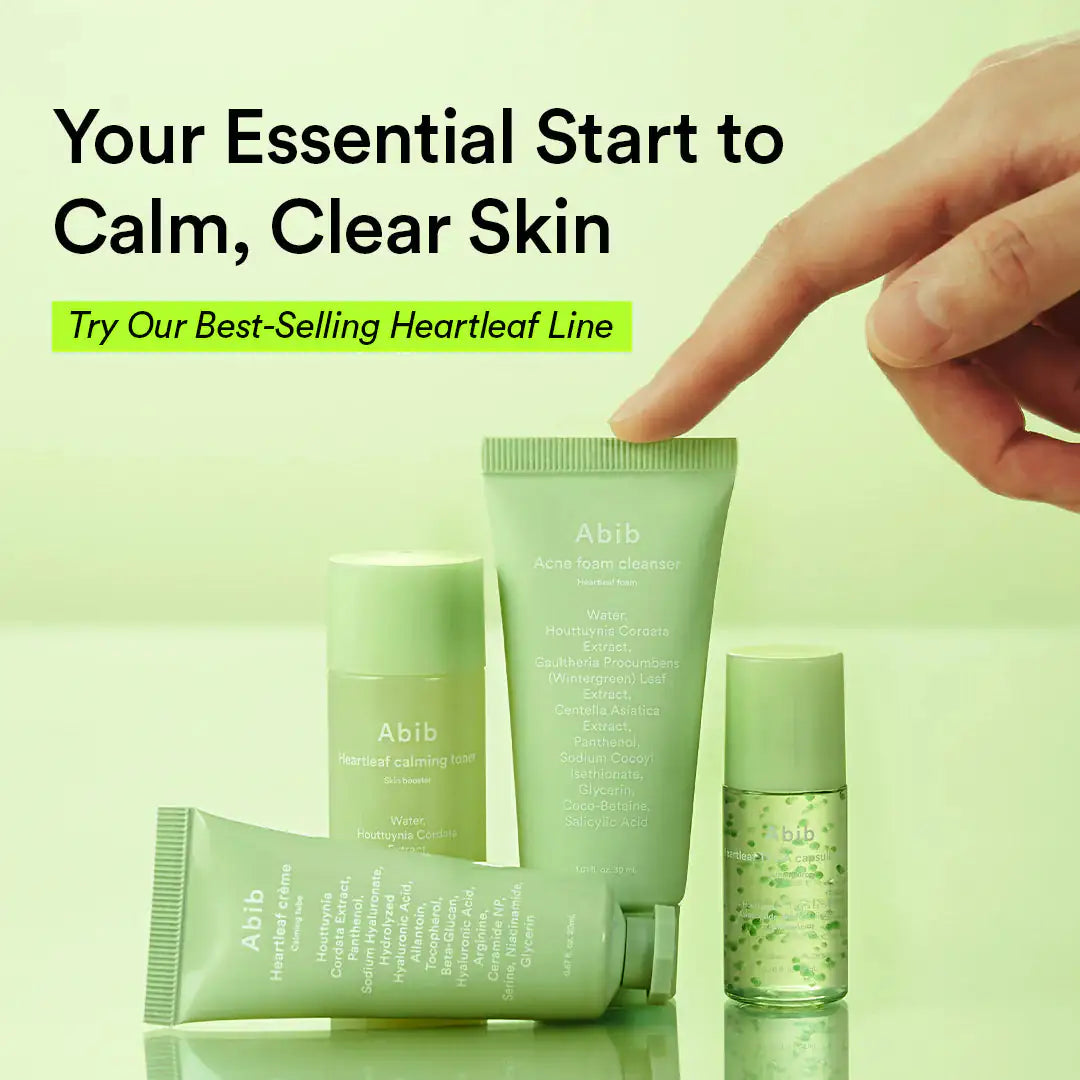 Abib Heartleaf calming Trial kit Heartleaf proefset met tubes en flacons, hand die een product vasthoudt