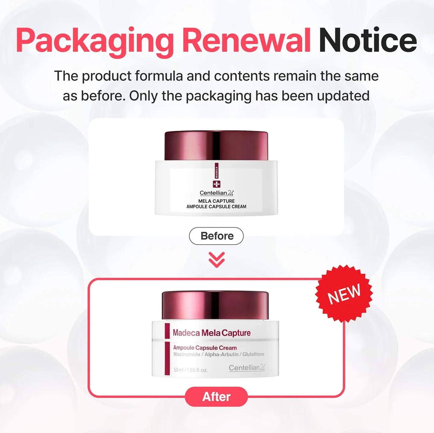 Vergelijking van de oude en nieuwe verpakking van Centellian24 Mela Capture Ampoule Capsule Cream.