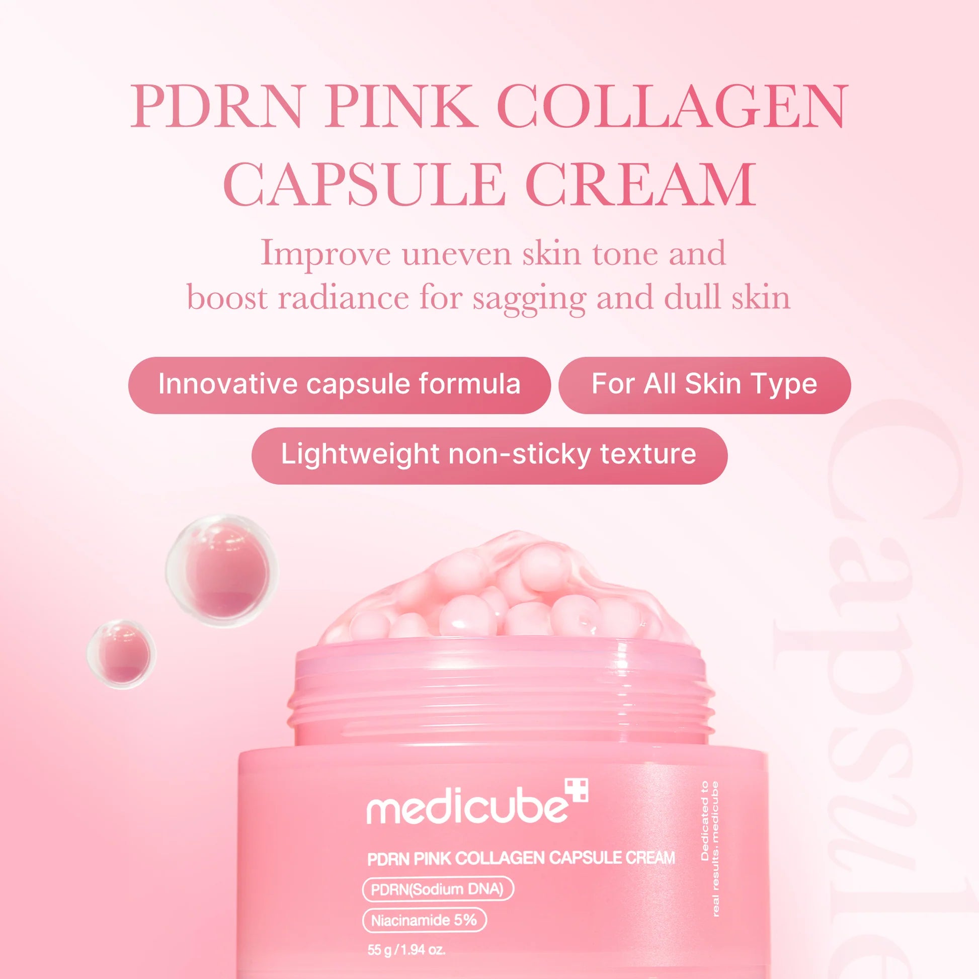 Medicube PDRN Pink Collagen Capsule Cream Huidtypes visual – Crème textuur close-up – Fluweelzachte crème met roze collageencapsules.