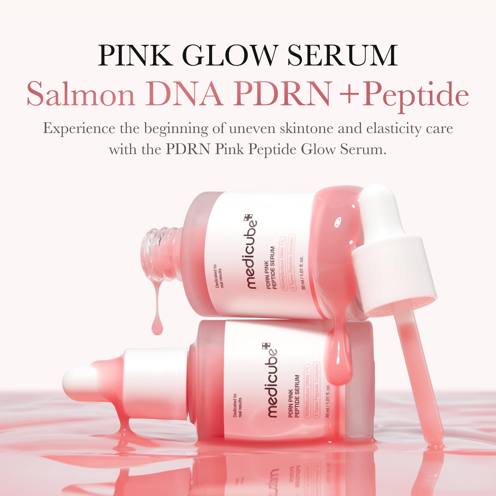 Roze PDRN peptidenserum: twee flesjes met witte druppelpipet en etiket