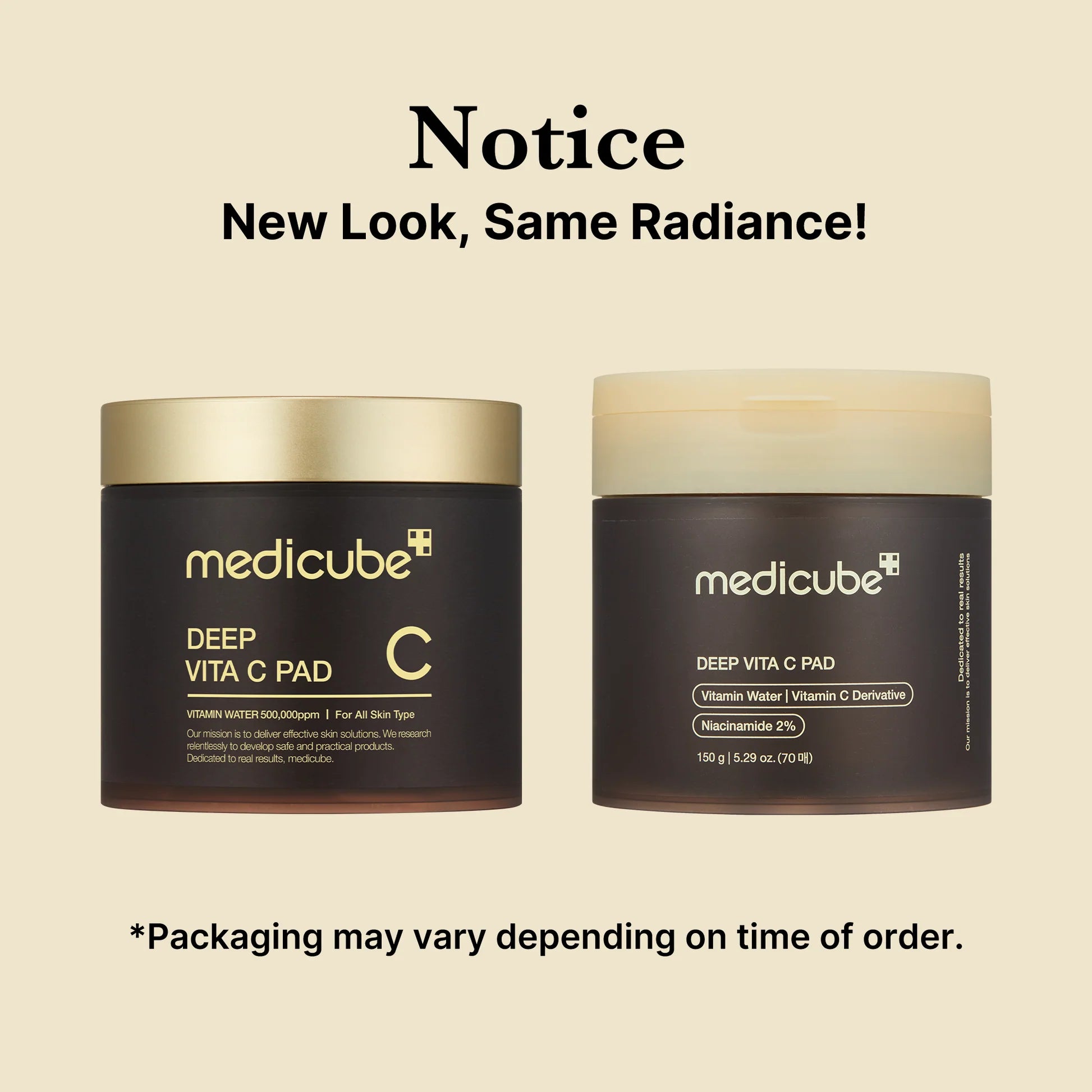 Twee medicube Deep Vita C Pad crème potten met gouden deksel
