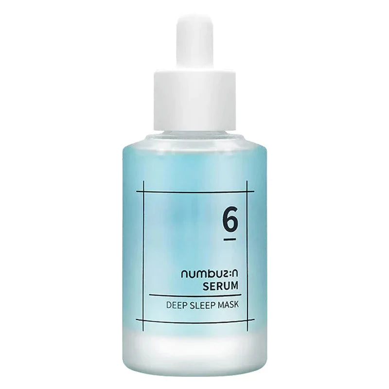 No.6 deep sleep mask serumfles met lichtblauwe vloeistof en pipetdop.