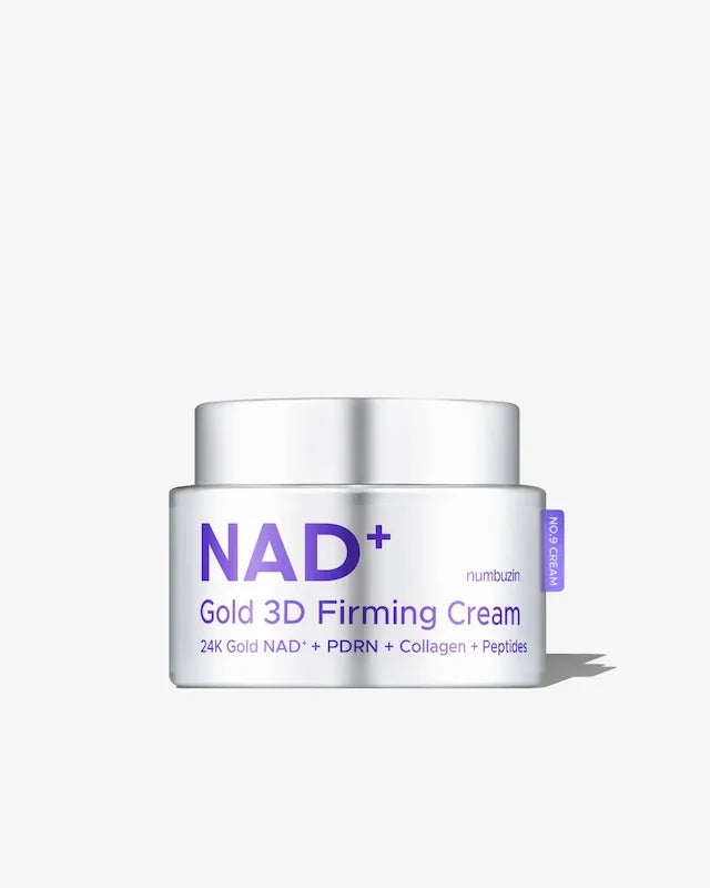 Numbuzin No.9 NAD+ Gold 3D Firming Cream 50 ml in een zilverkleurige pot met paarse tekst.