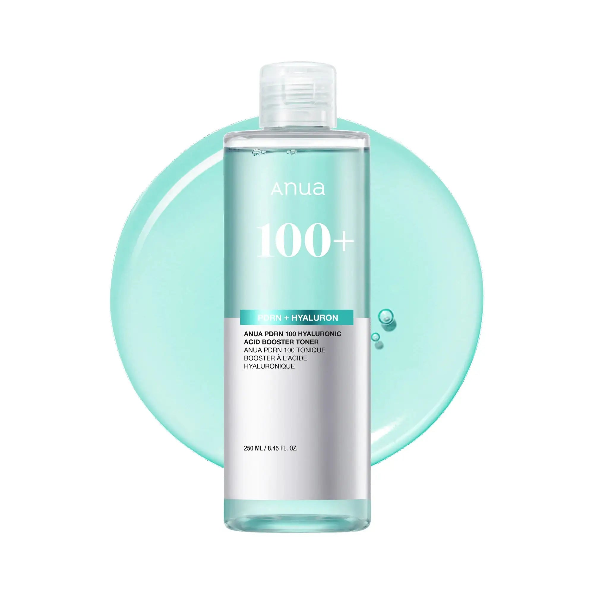 Anua PDRN 100 Hyaluronic Acid Booster Toner Hyaluronzuur tonerfles, turquoise, met doorzichtige dop