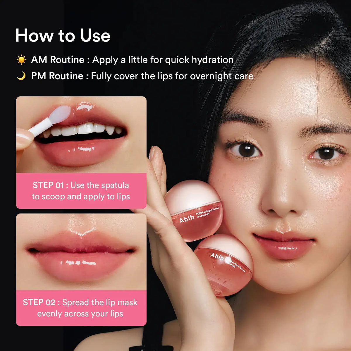 Abib PDRN Collagen Lip Mask Glazed Jelly Glanzende lipmasker in klein potje, met glazige jelly op de lippen