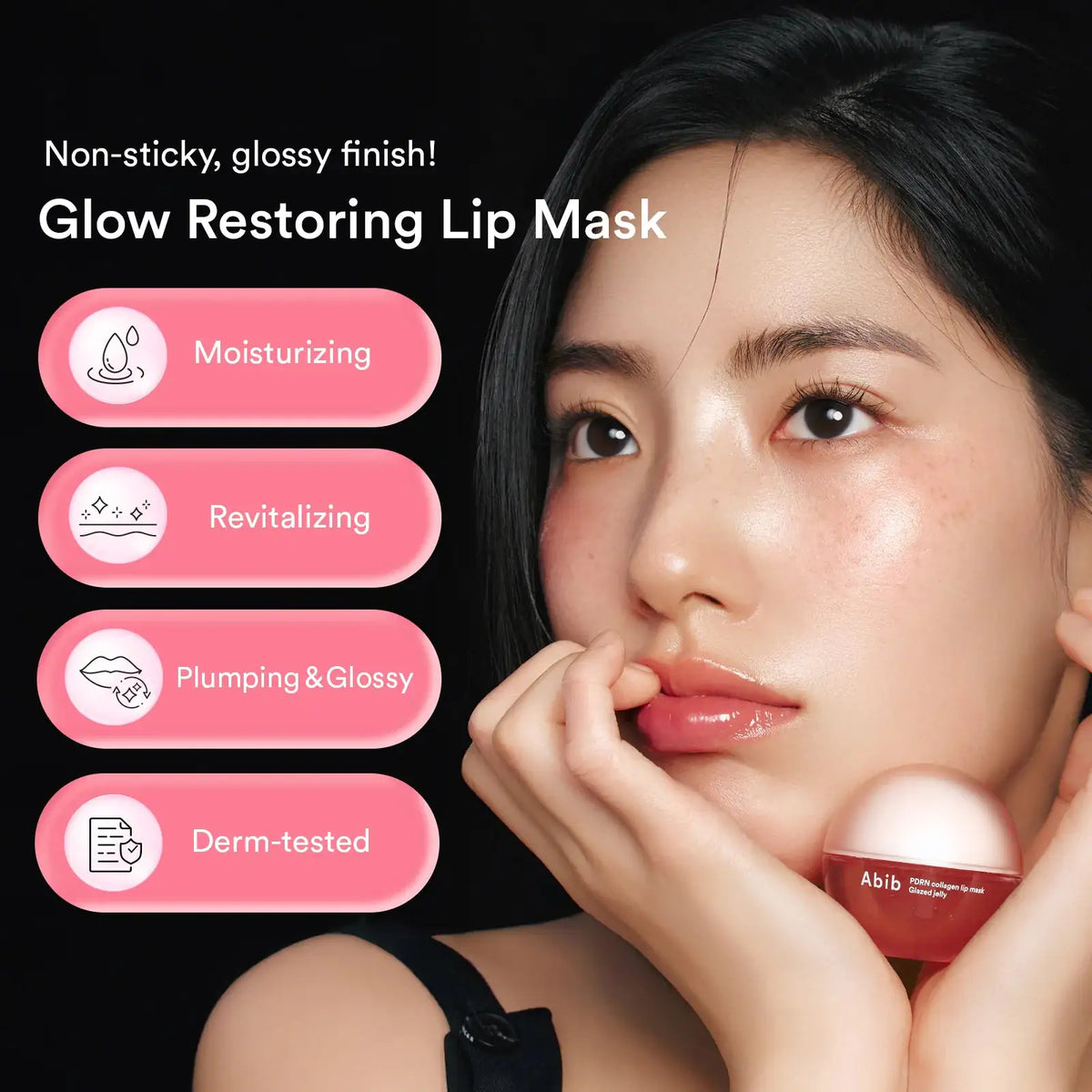 Abib PDRN Collagen Lip Mask Glazed Jelly Glow herstellende lipmasker van Abib naast gezicht van vrouw