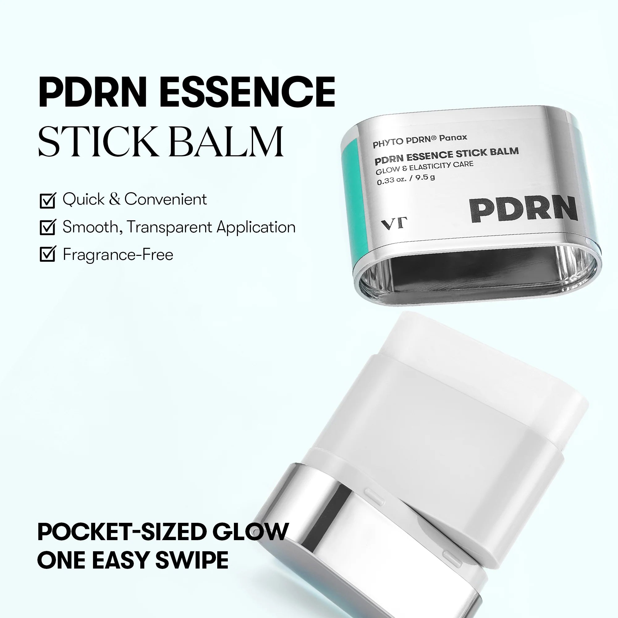 VT Cosmetics PDRN Essence Stick Balm met zilveren verpakking, gepresenteerd met productkenmerken zoals snelle toepassing, transparante finish en parfumvrij.