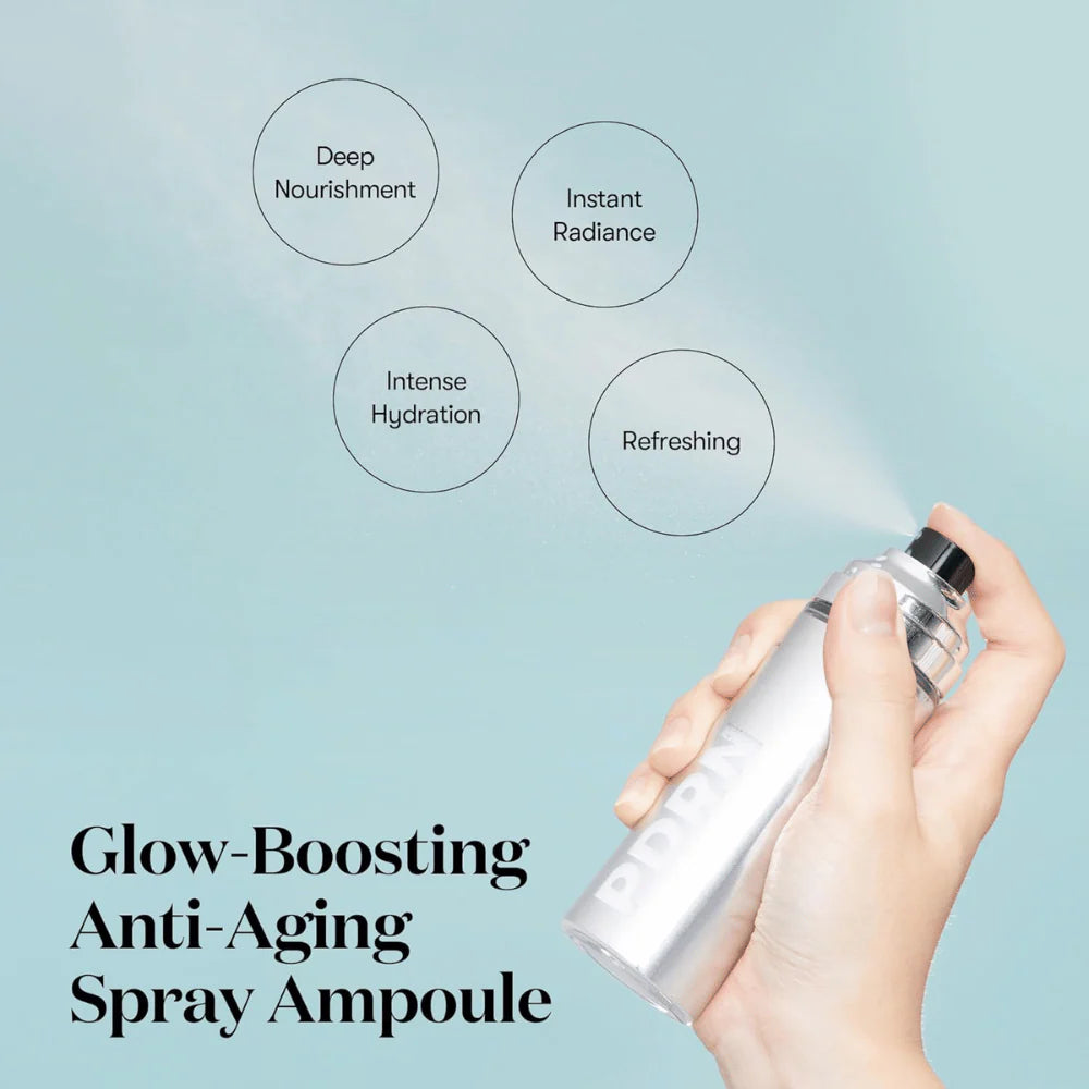 Spray-ampul vastgehouden door hand, zilveren fles met dop en opzetstuk
