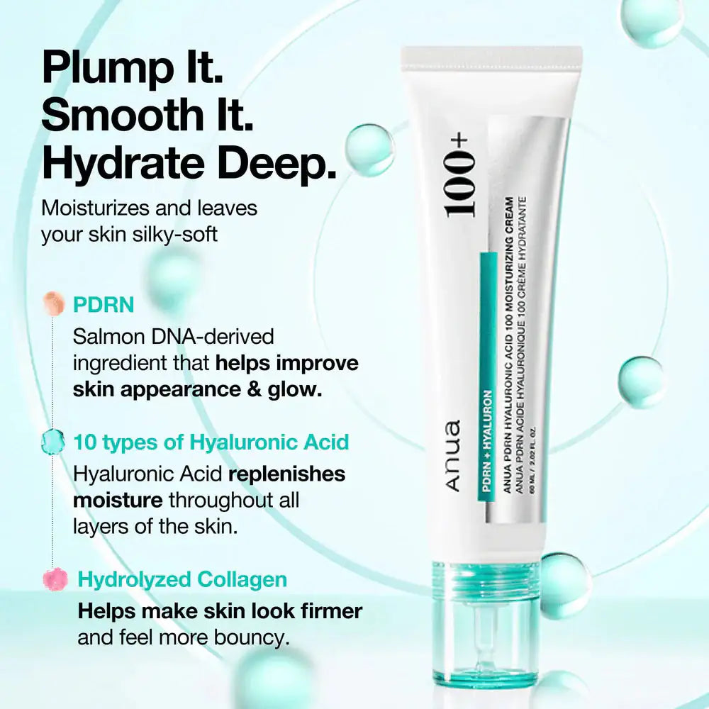 Anua ANUA PDRN Hyaluronic Acid 100 Moisturizing Cream ANUA gezichtscrème tube met hyaluronzuur en turquoise onderkant