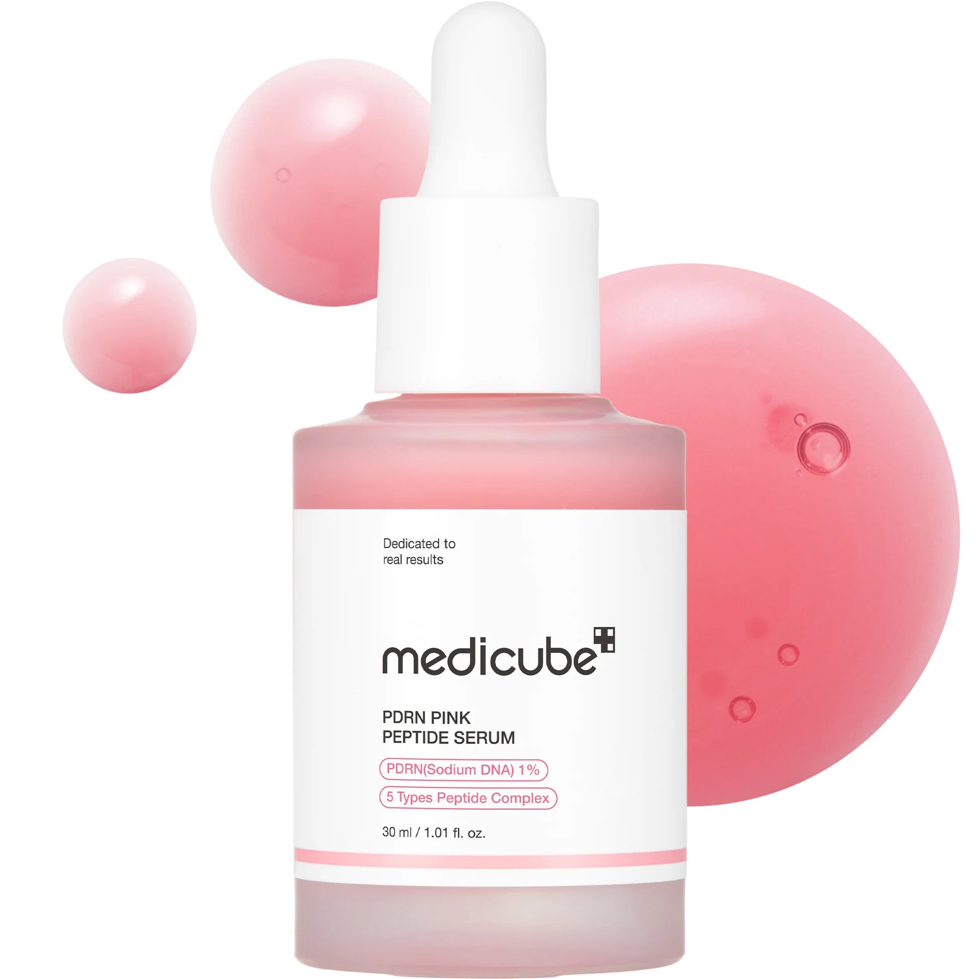 PDRN roze peptidenserum in fles met witte druppelpipet en etiket