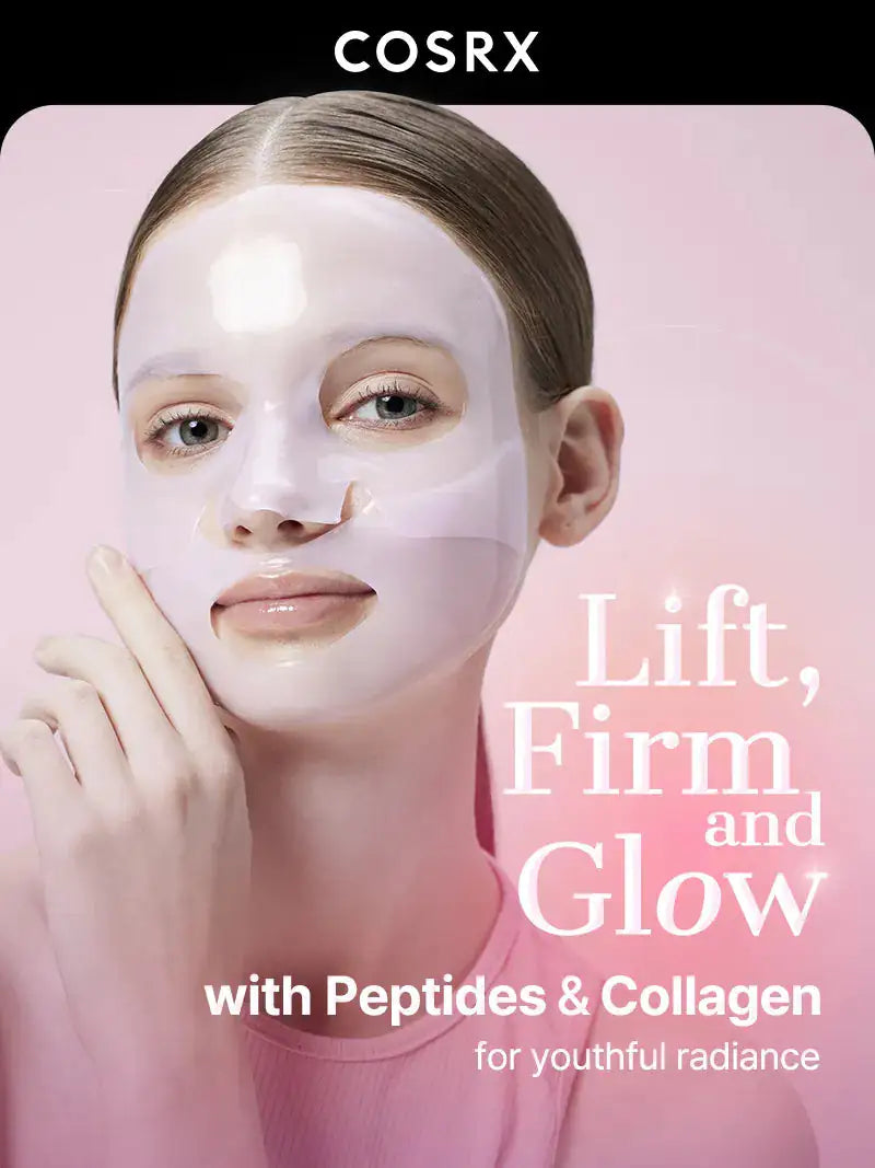 COSRX hydrogel gezichtsmasker op modelgezicht, transparant roze maskerlaag