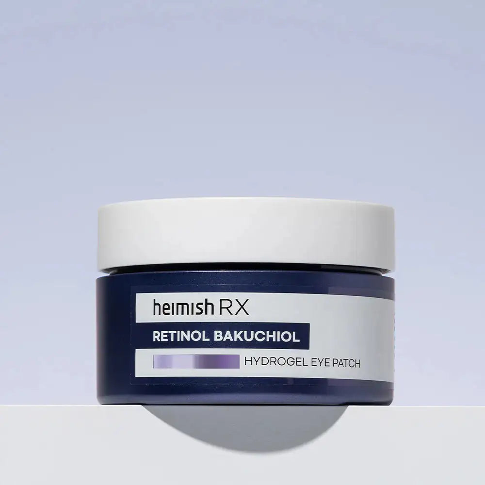 Pot met hydrogel oogpatches van HeimishRX, donkerblauw met wit etiket en dop