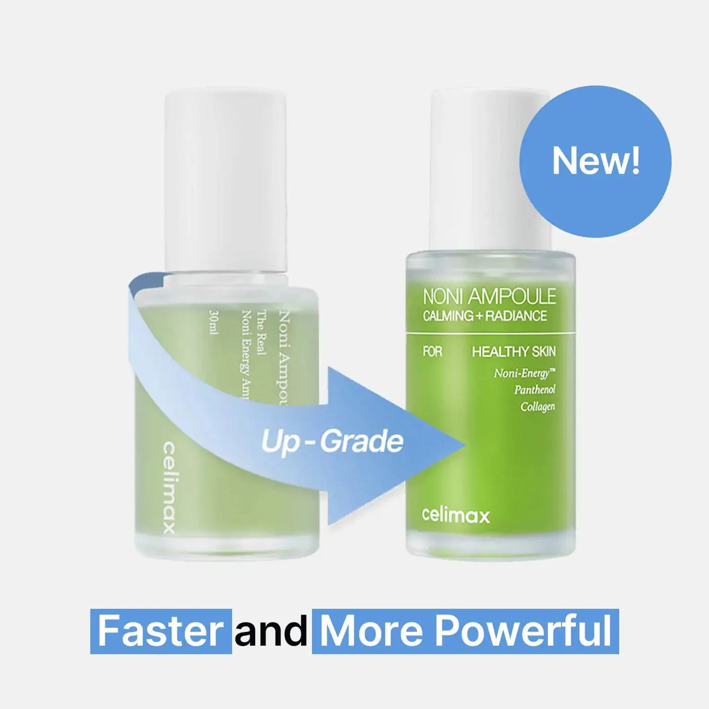 Celimax Noni Energy Ampoule Twee Noni Energy-ampulflacons met witte dop en groene inhoud; celimax-label.