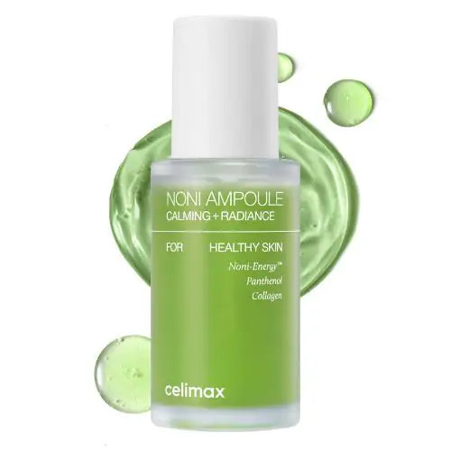Celimax Noni Energy Ampoule Noni Energy-ampul met witte dop en groene vloeistof; celimax-label zichtbaar.