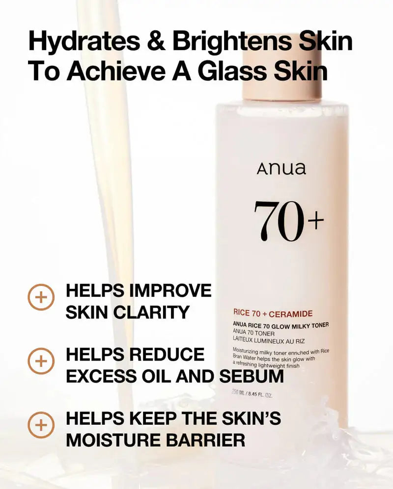 Anua Rice 70 Glow Milky Toner Melkachtige tonerfles Anua 70+ met roomkleurige vloeistof, rechtop