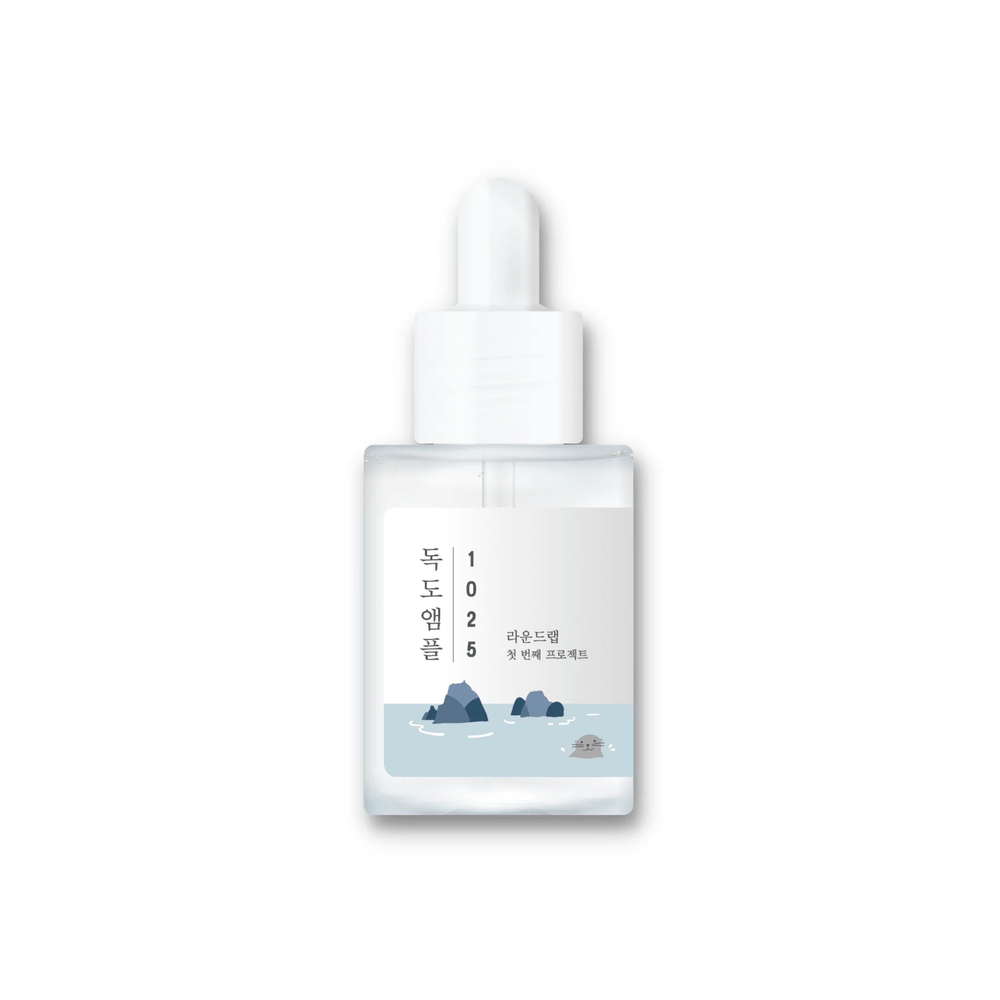 Dokdo-ampul met pipetfles en witte dop, etiket op de fles