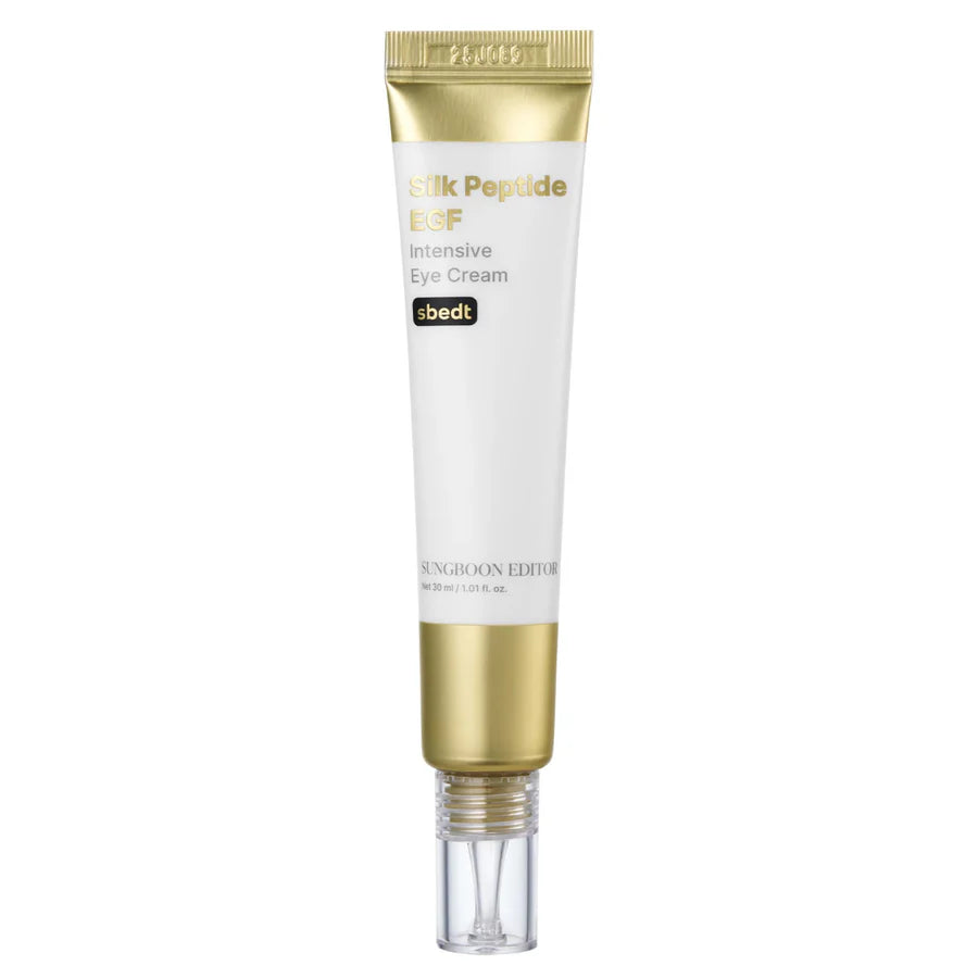 Zijde-peptide EGF intensieve oogcrème, witte tube met gouden dop en doseerpunt