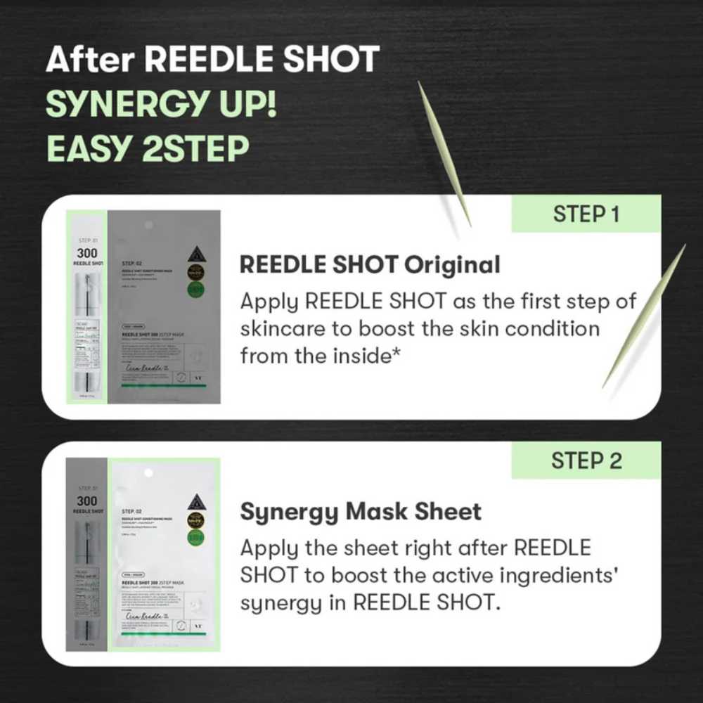 Reedle Shot 2-staps masker met stap 1 en stap 2 informatiekaart.