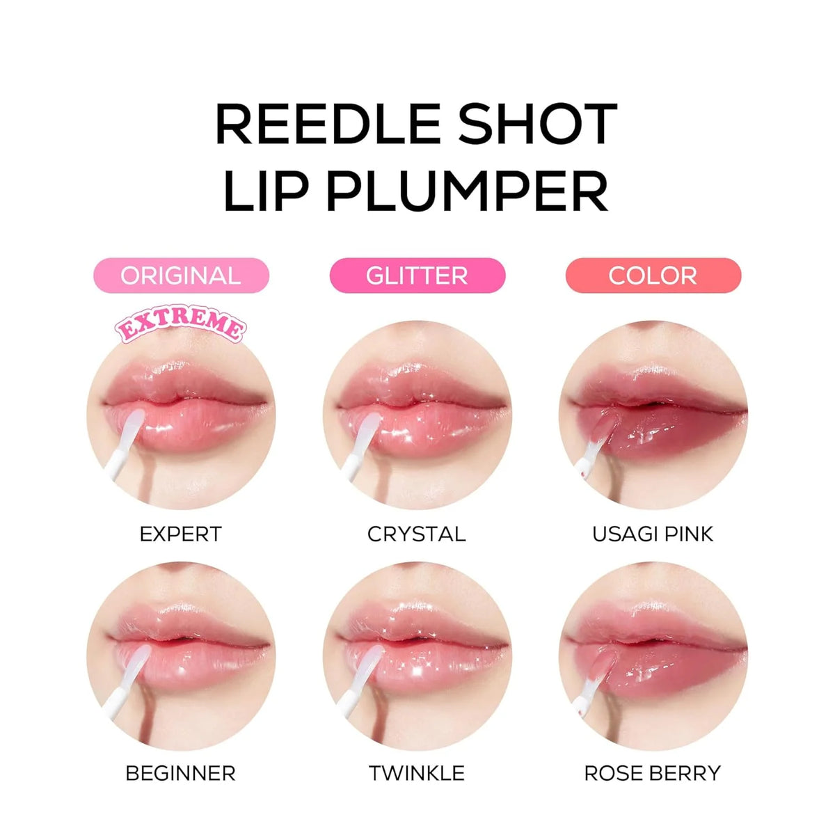 Lipplumper variantenoverzicht met lip swatches en aanbrengapplicator