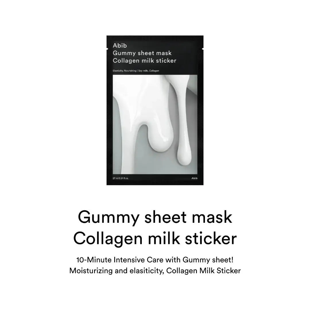 Abib Gummy Sheet Mask Collagen milk sticker Collageen milk gummy sheet mask verpakking met gemaskeerde druppelprint