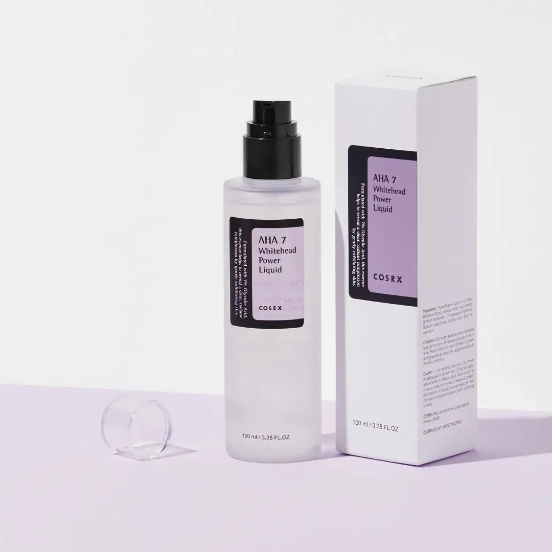 Gezichtsserumfles met zwarte pomp en COSRX-doos, AHA 7 Whitehead Power Liquid