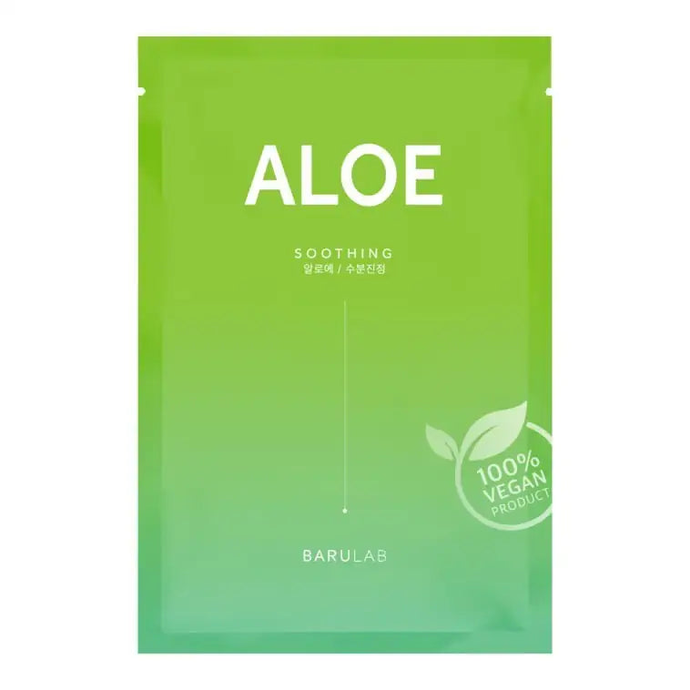 Aloë gezichtsmasker verpakking, groen sachet met opschrift en vegan label