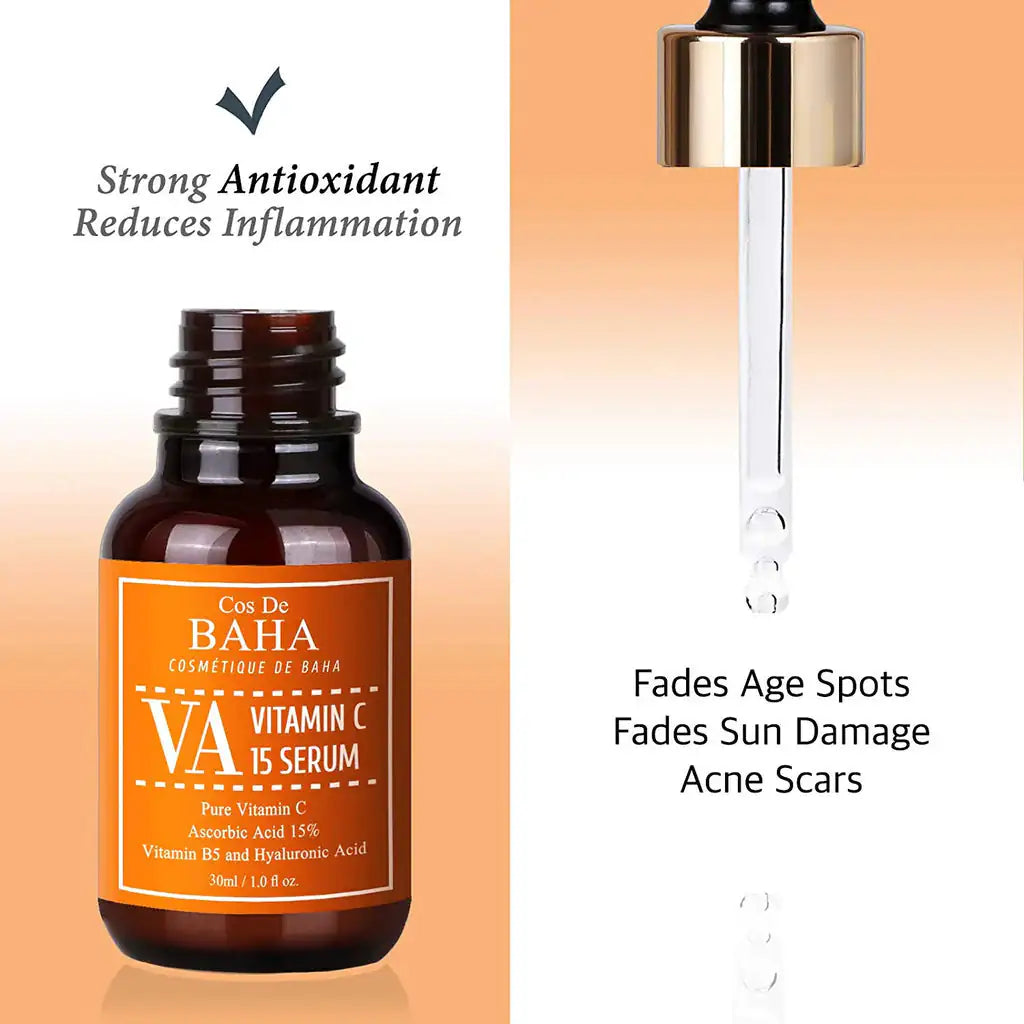 Vitamine C-serumfles met pipet en oranje etiket, VA Vitamin C 15-serum.