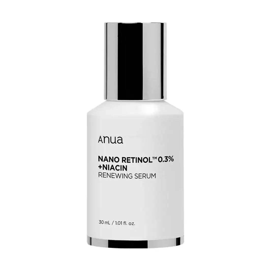 Anua Anua Retinol 0,3% + Niacin Renewing Serum Anua gezichtsserum met 0,3% nano retinol en niacin; witte fles, zilveren dop