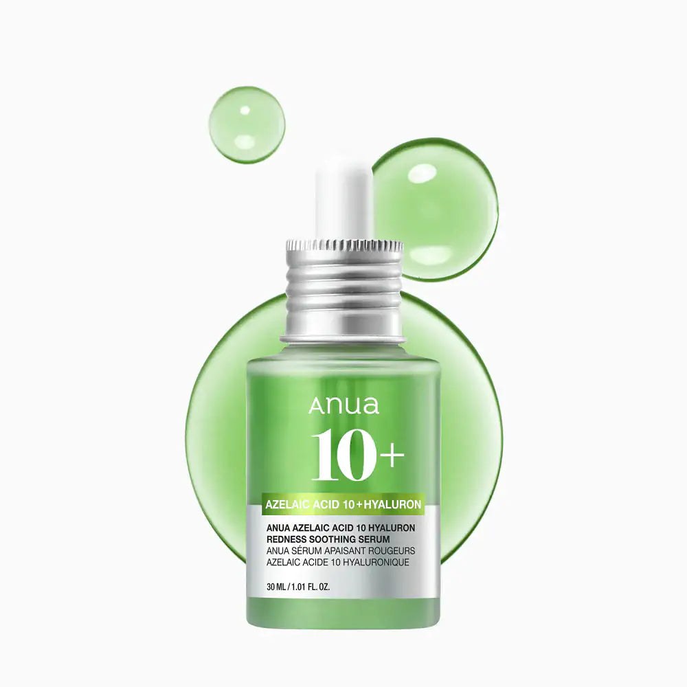Anua Azelaic Acid 10 Hyaluron Redness Soothing Serum Azelaic zuur 10+ hyaluron serumflesje, groen glas met zilveren dop