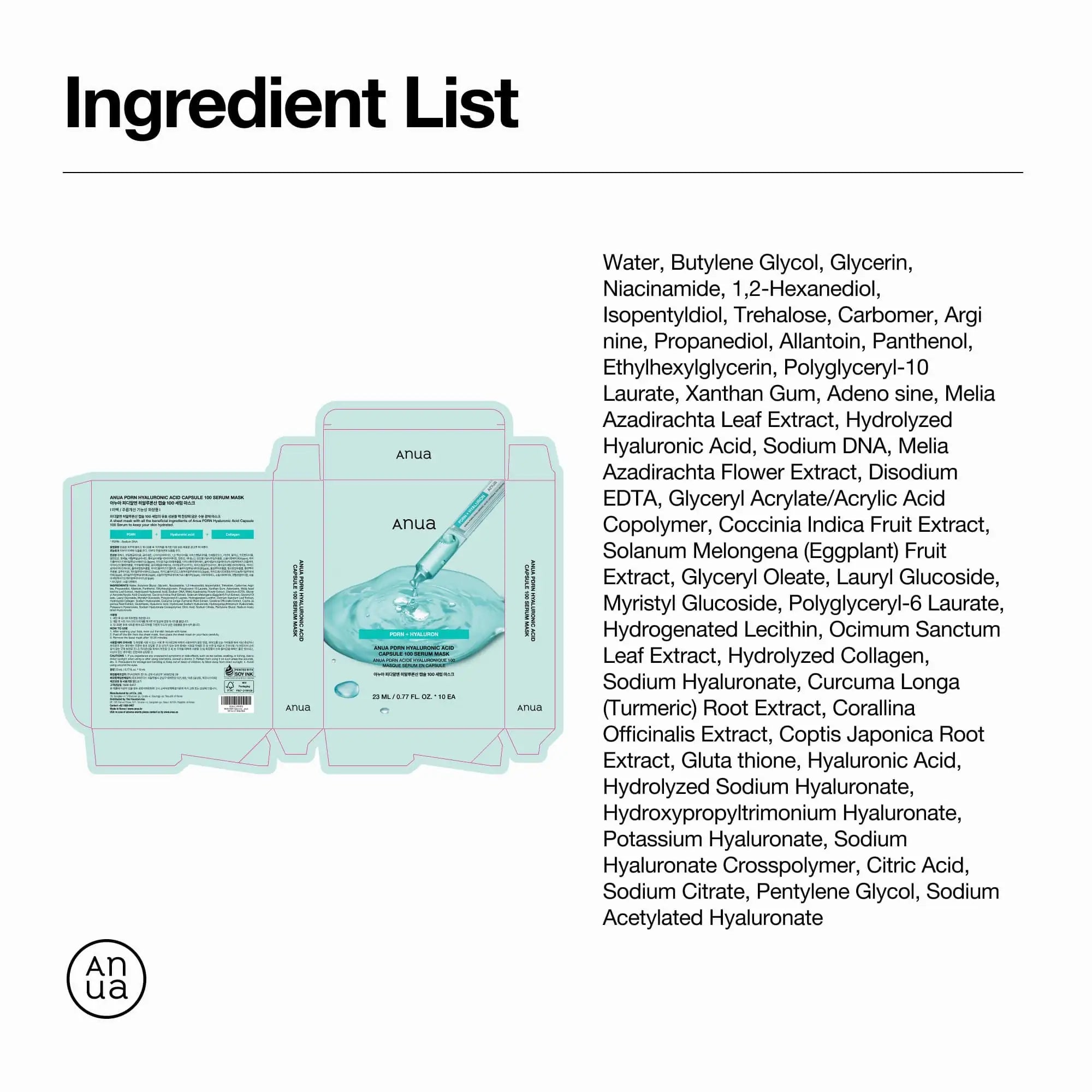 Anua PDRN Hyaluronic Acid Capsule 100 Serum Mask Anua serum-masker ingrediëntenlijst op kaart met drie maskerverpakkingen.