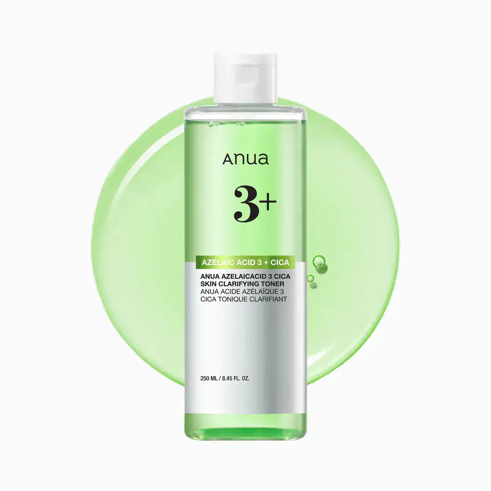 Anua Azelaic 3 Cica Skin Clarifying Toner Groene tonerfles van Anua met 3+ label en witte dop.