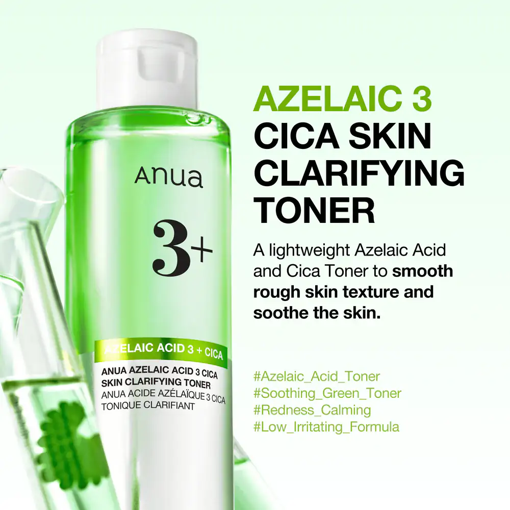 Anua Azelaic 3 Cica Skin Clarifying Toner Anua 3+ tonerfles in lichtgroen met witte dop, zijaanzicht close-up.