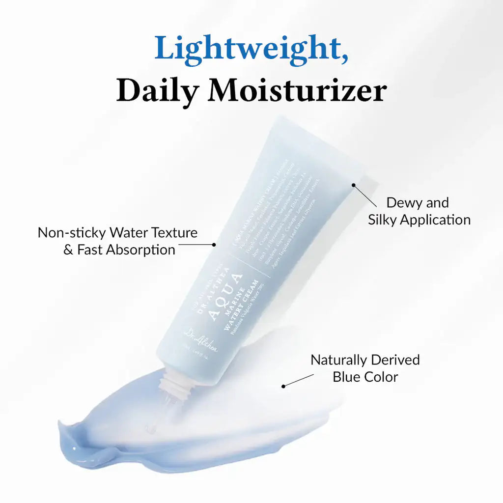 Aqua Marine watertige crème tube met lichte blauwe gel op swatch