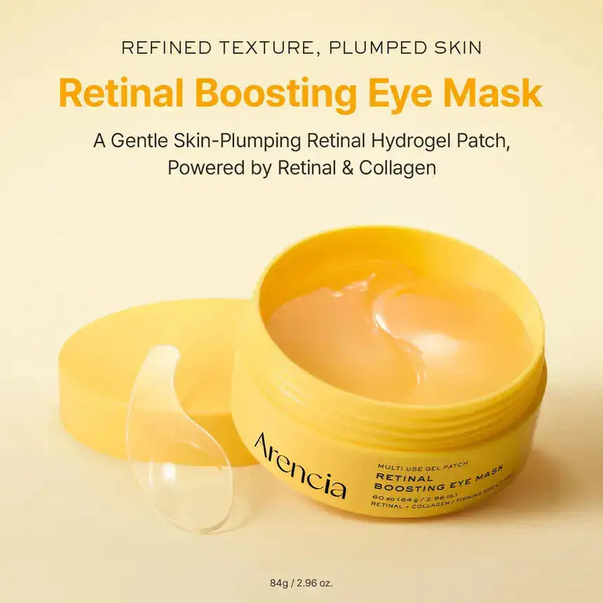 ARENCIA Retinal Boosting Eye Mask Hydrogel oogmaskerpot met open gelkuip en patches in gele verpakking