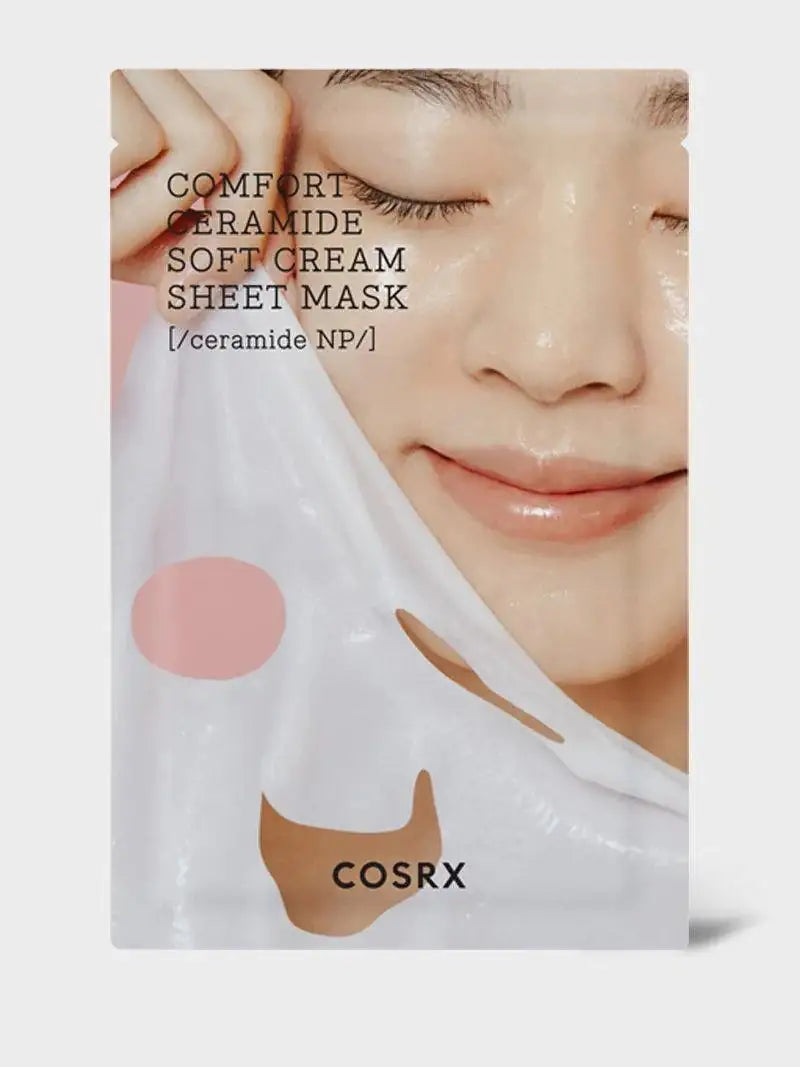 Gezichtsmasker sheetmasker van CORSX met afbeelding van gezicht op crème-witte verpakking