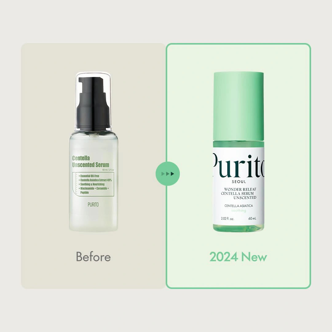 Wonder Releaf Centella Serum Unscented before and new packaging