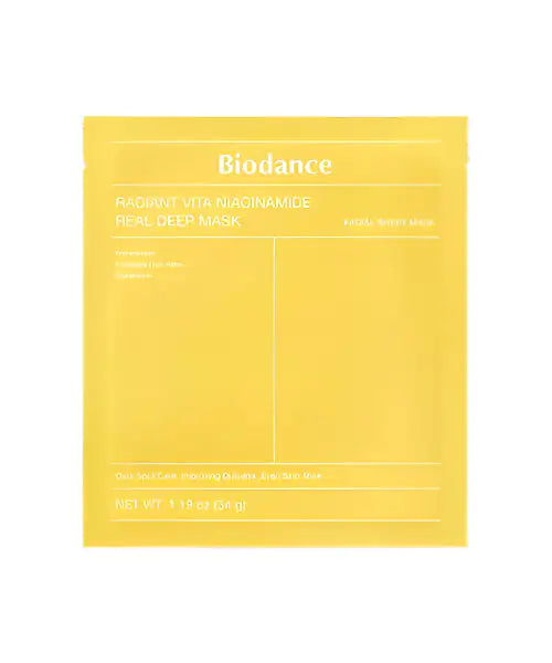 Biodance Radiant Vita niacinamide deep mask verpakking, geel sheetmasker