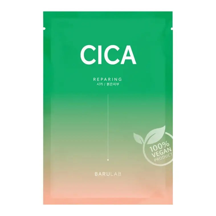 Cica-masker verpakking: groene sachet met opschrift CICA en 100% vegan product
