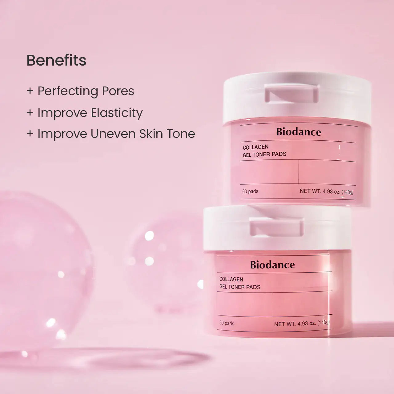 Collageen gel- toner pads, twee roze Biodance-potten, boven en onder.